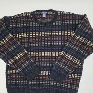 Knightsbridge Mens Medium Acrylic Knit Sweater Pullover Blue Burgundy Tan Plaid